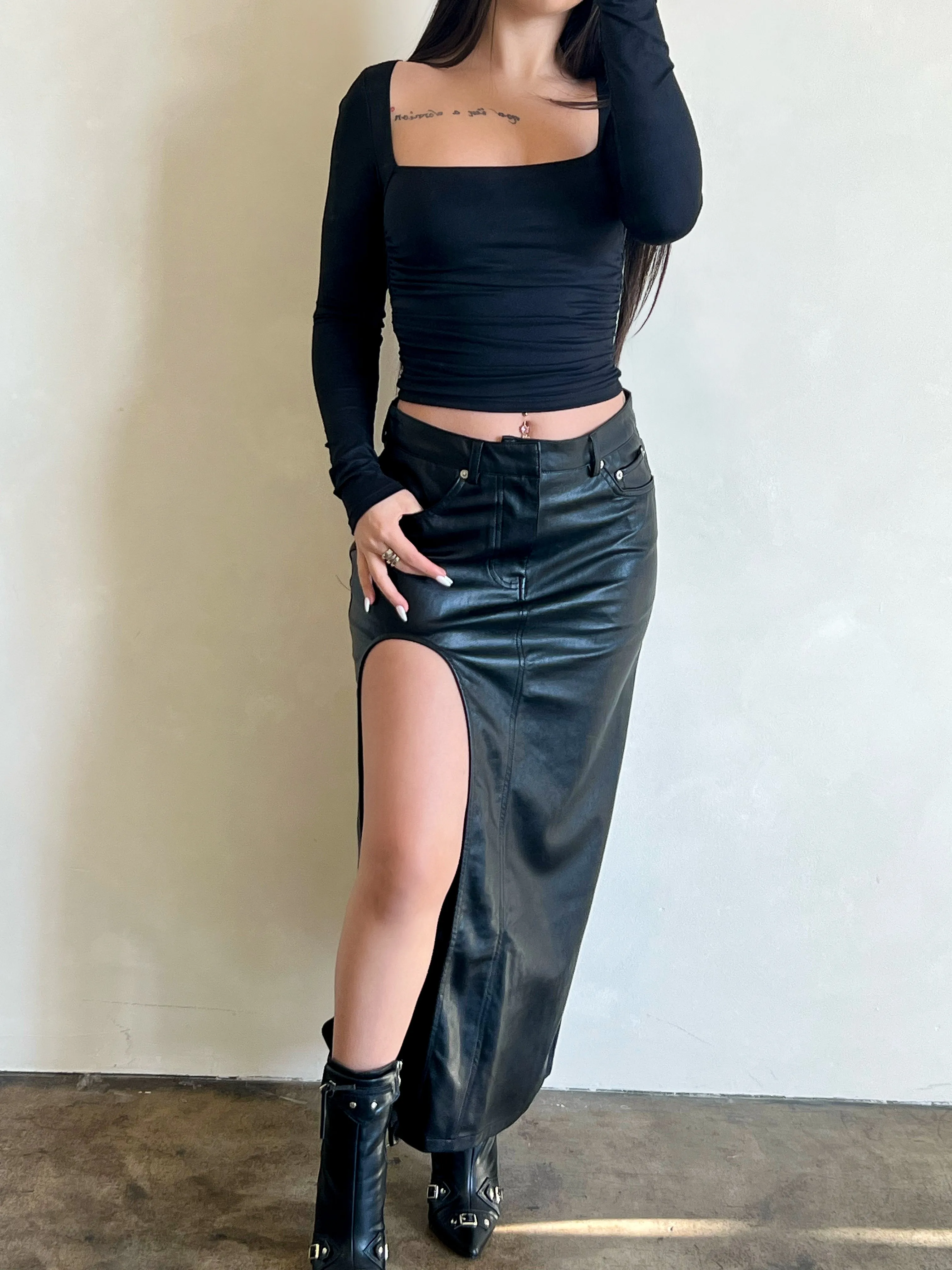 Tori Leather Maxi Skirt (Black)