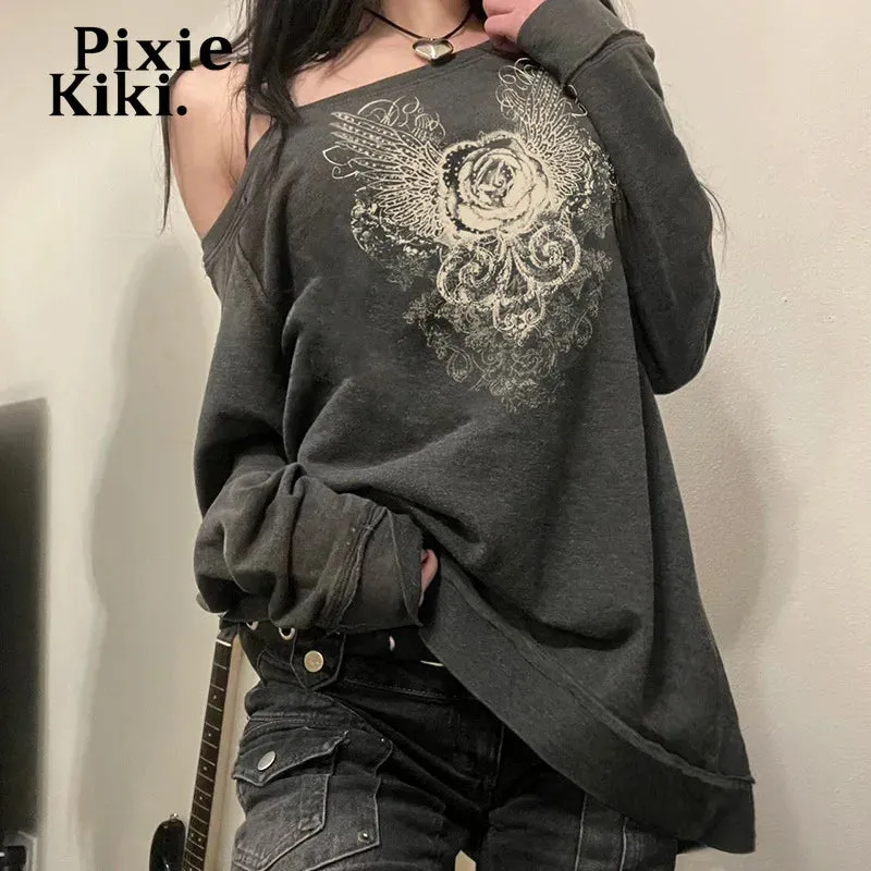 Trashy Y2k Graphic Hoodie Fairy Grunge One Shoulder Long Sleeve Top Street Fashion Pullovers Women P67-CD28