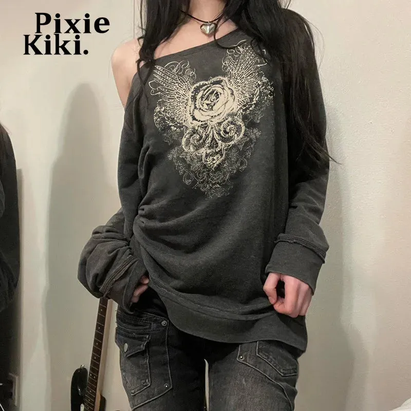 Trashy Y2k Graphic Hoodie Fairy Grunge One Shoulder Long Sleeve Top Street Fashion Pullovers Women P67-CD28