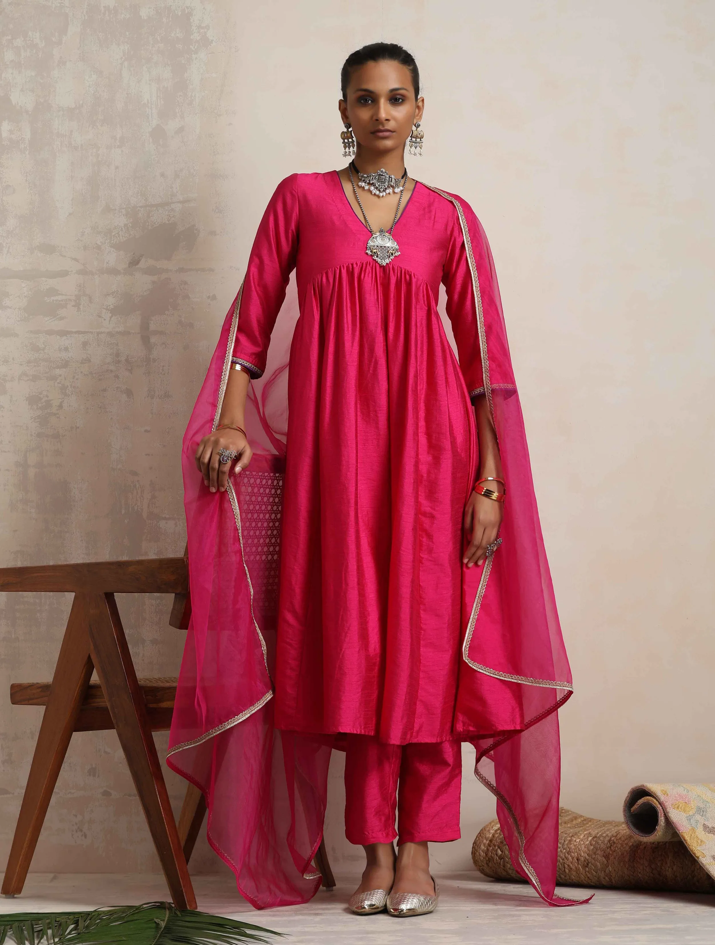 trueBrowns Pink Silk Anarkali Kurta Pant Dupatta Set