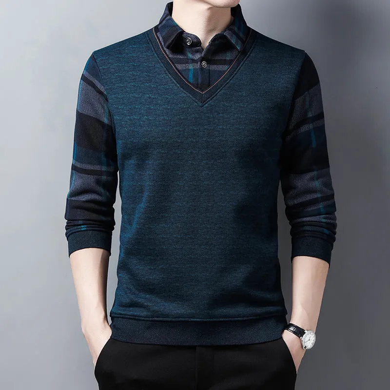 Turtleneck Fake Two Piece Sweater Men's Knitted Sweater