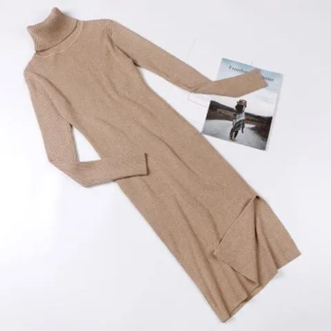 Turtleneck Ribbed Long Sleeve Knit Sweater Dress