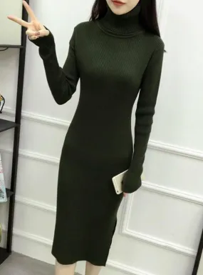 Turtleneck Ribbed Long Sleeve Knit Sweater Dress