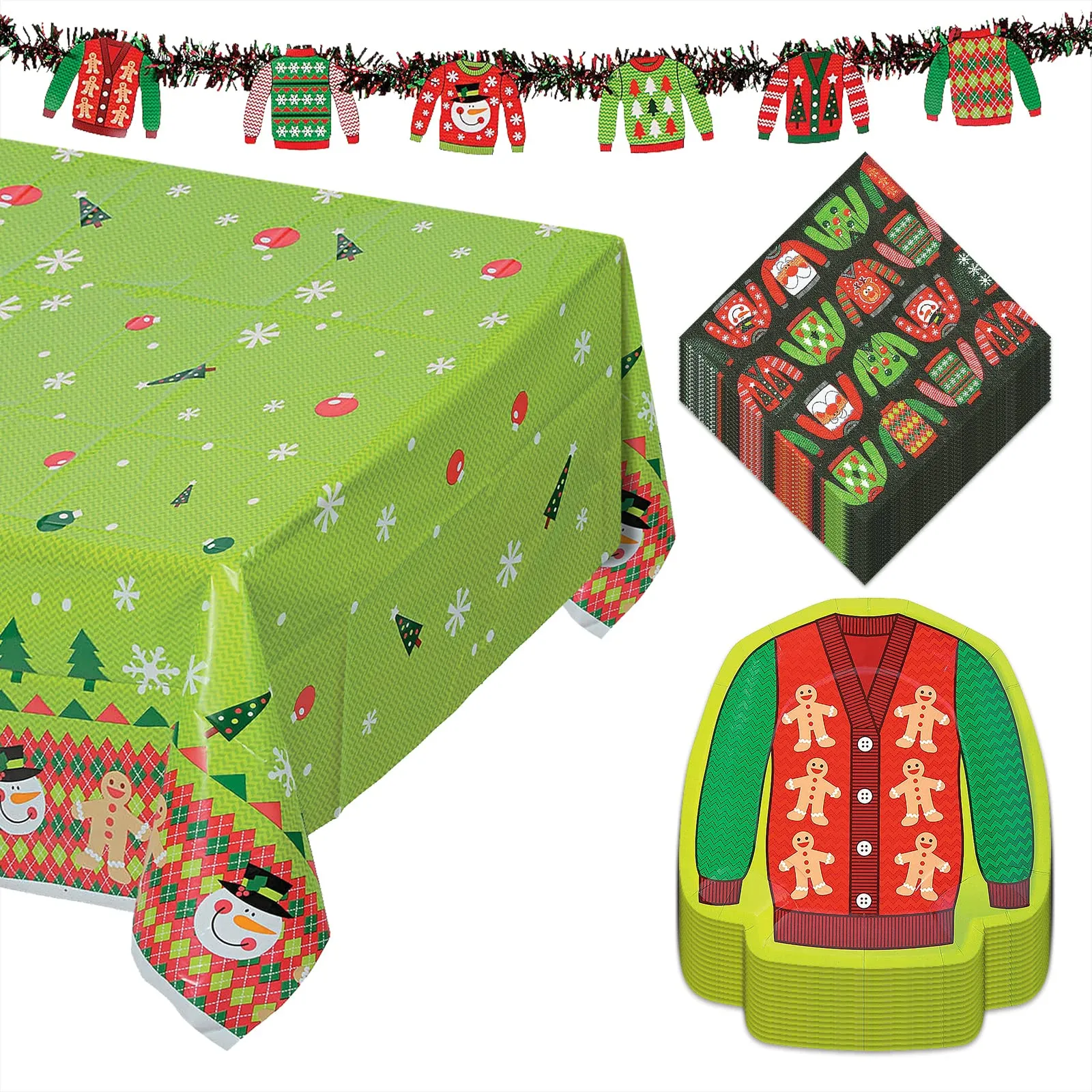 Ugly Sweater Party Pack - Paper Dessert Plates, Beverage Napkins, Table Cover, and Garland For Tacky Sweater Holiday Christmas Parties (Serves 16)