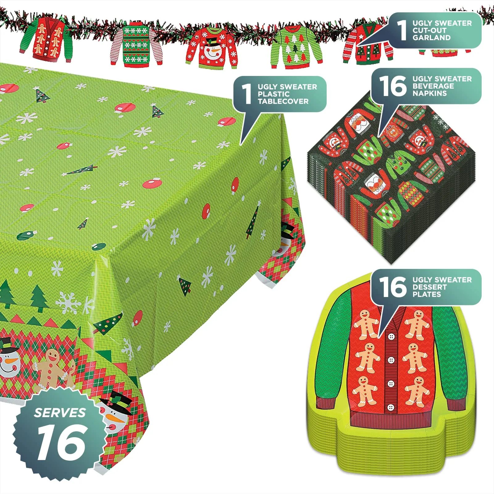 Ugly Sweater Party Pack - Paper Dessert Plates, Beverage Napkins, Table Cover, and Garland For Tacky Sweater Holiday Christmas Parties (Serves 16)