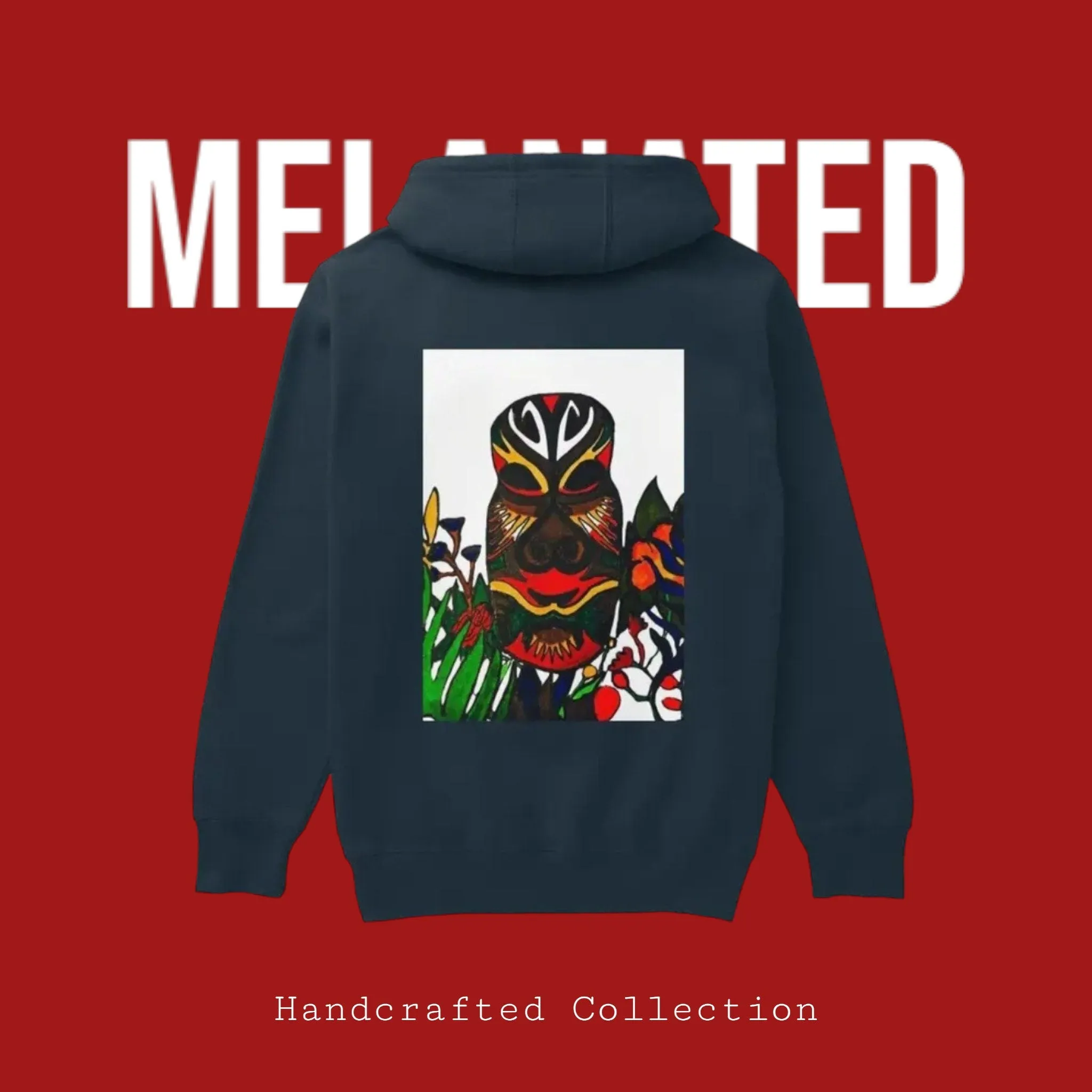 Unique Ethnic Mask-Inspired Pullover Hoodie, Handcrafted Unisex Streetwear