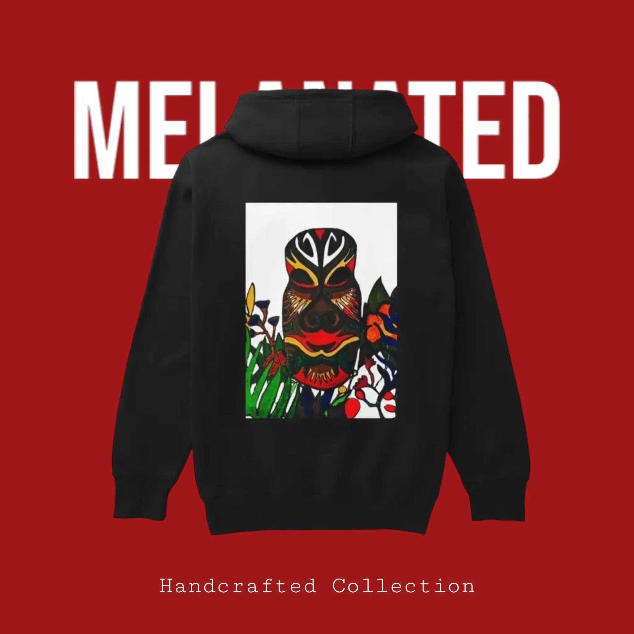 Unique Ethnic Mask-Inspired Pullover Hoodie, Handcrafted Unisex Streetwear