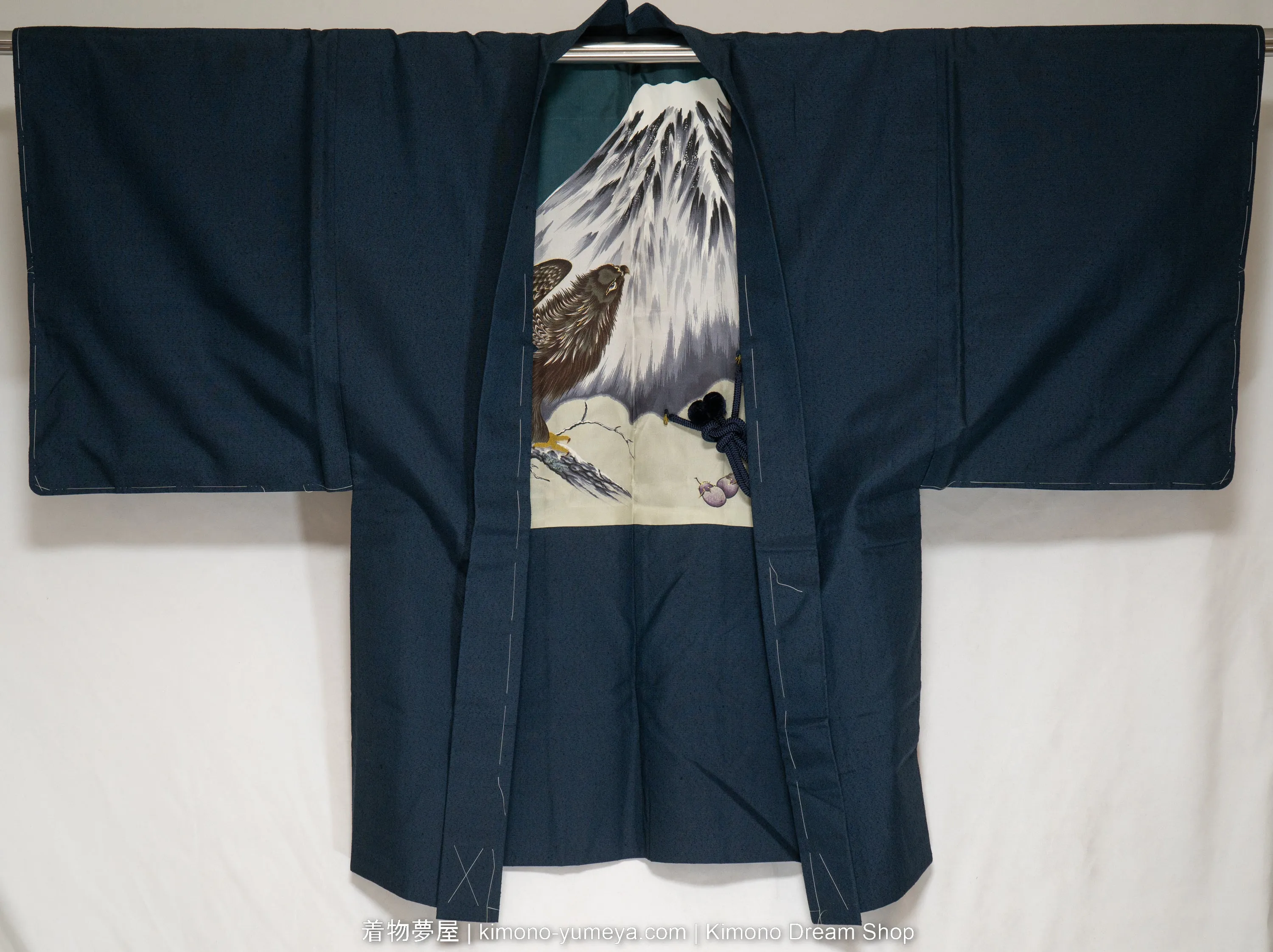 Unused Polyester Men's Haori - Dark Blue & Black Striped Kimono Jacket for Guys - Vintage Deadstock - Japanese Hawk & Mount Fuji on Lining