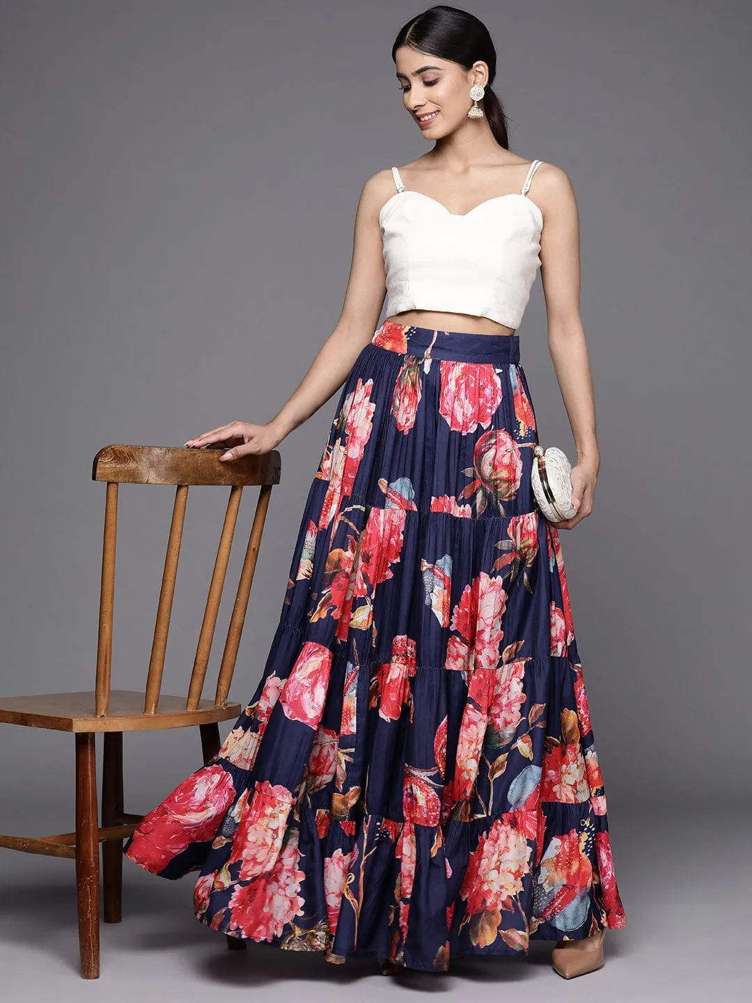 Varanga Blue Floral Printed Tiered Skirt