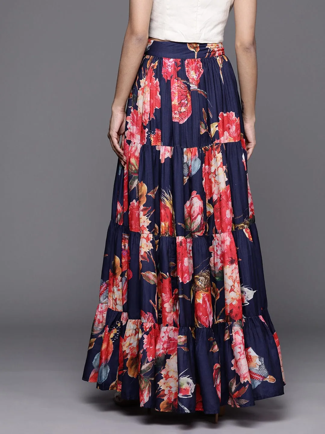 Varanga Blue Floral Printed Tiered Skirt