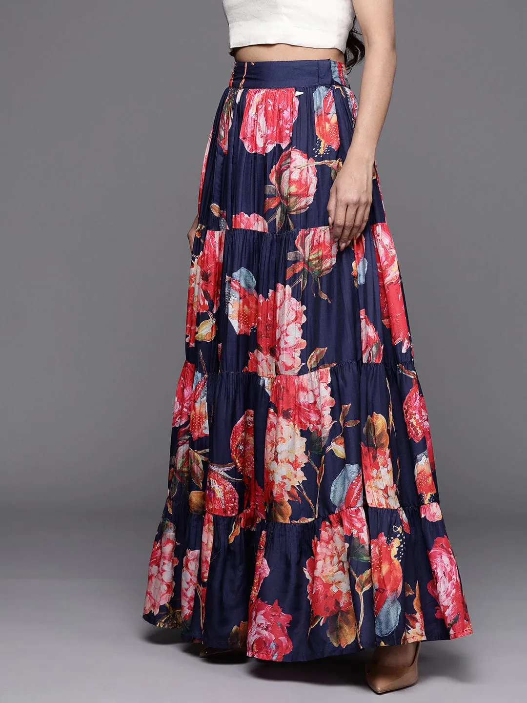 Varanga Blue Floral Printed Tiered Skirt