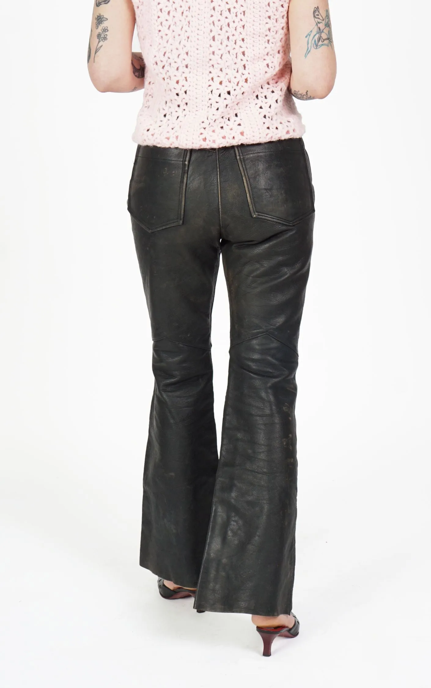 VINTAGE 80s Black Faded Leather Flared Bootcut High Rise Pants