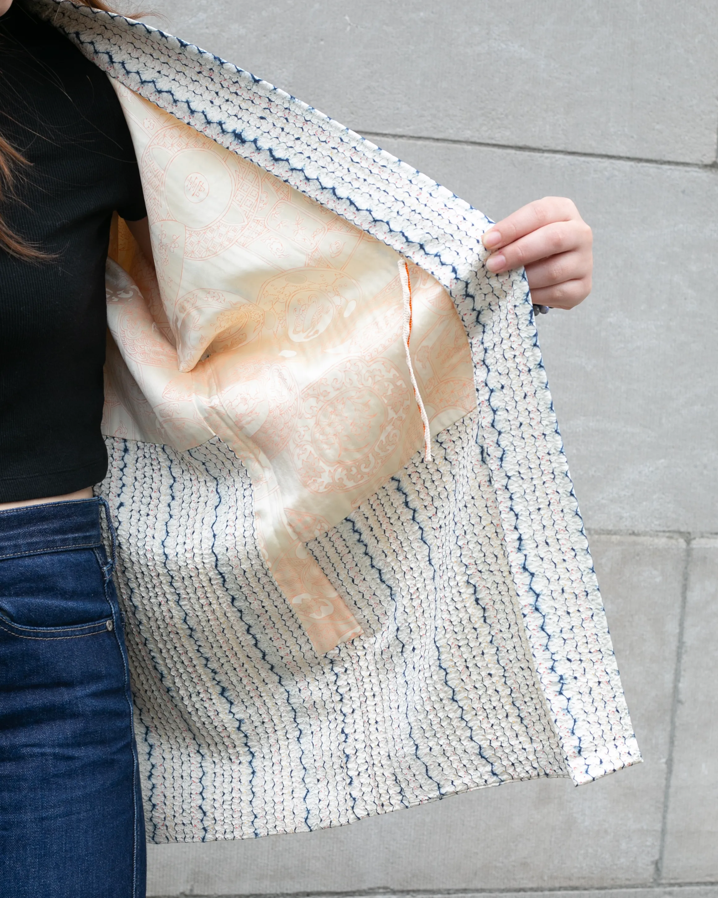 Vintage Haori Jacket, Full Shibori, White with Blue Shima