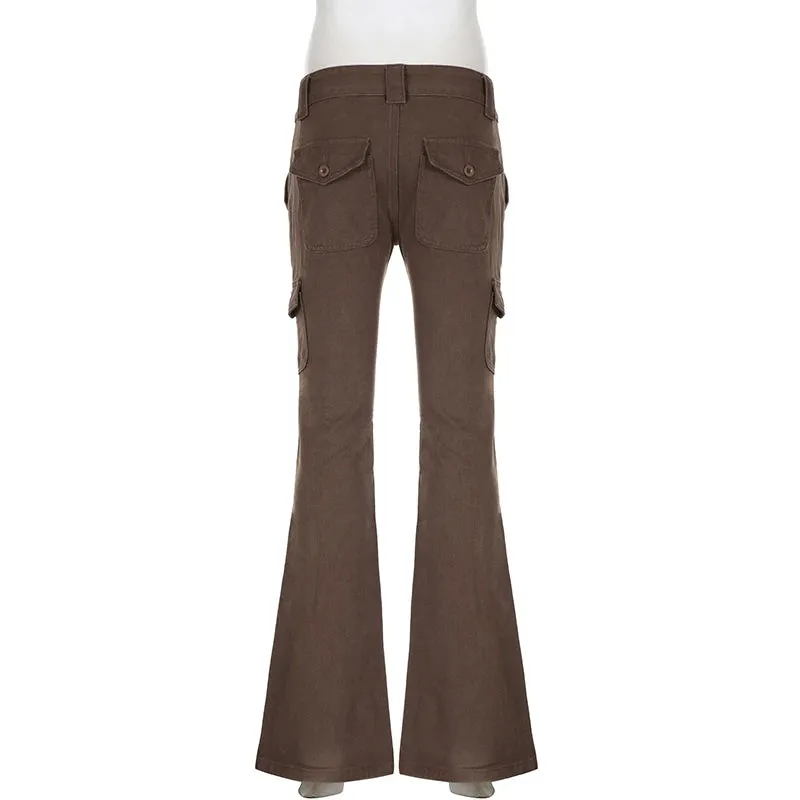 Vintage Y2K Chic Brown Low Waisted Flared Jeans Stitched Streetwear Grunge Denim Trousers Korean Boot Cut Pants Slim