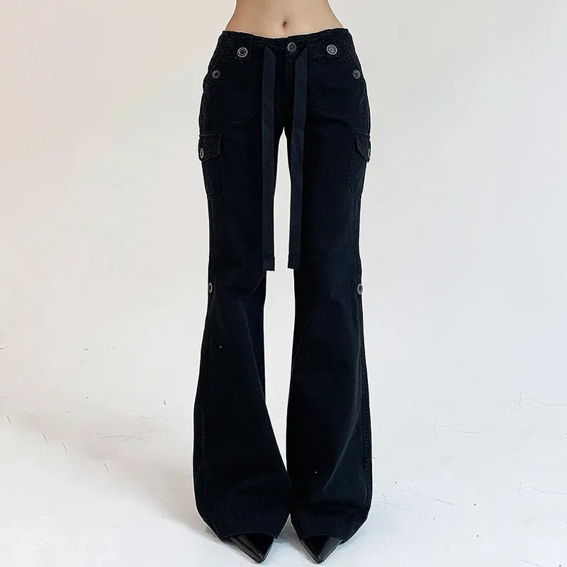 Vintage Y2K Chic Brown Low Waisted Flared Jeans Stitched Streetwear Grunge Denim Trousers Korean Boot Cut Pants Slim