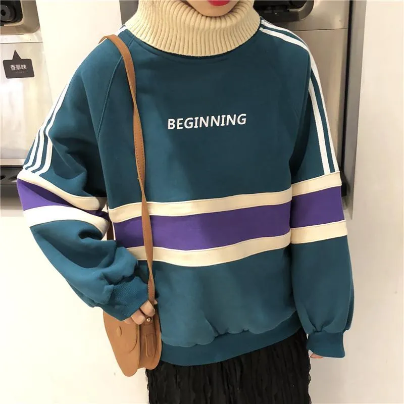 Warm Turtleneck Beginning Letter Print Striped Sweatshirt