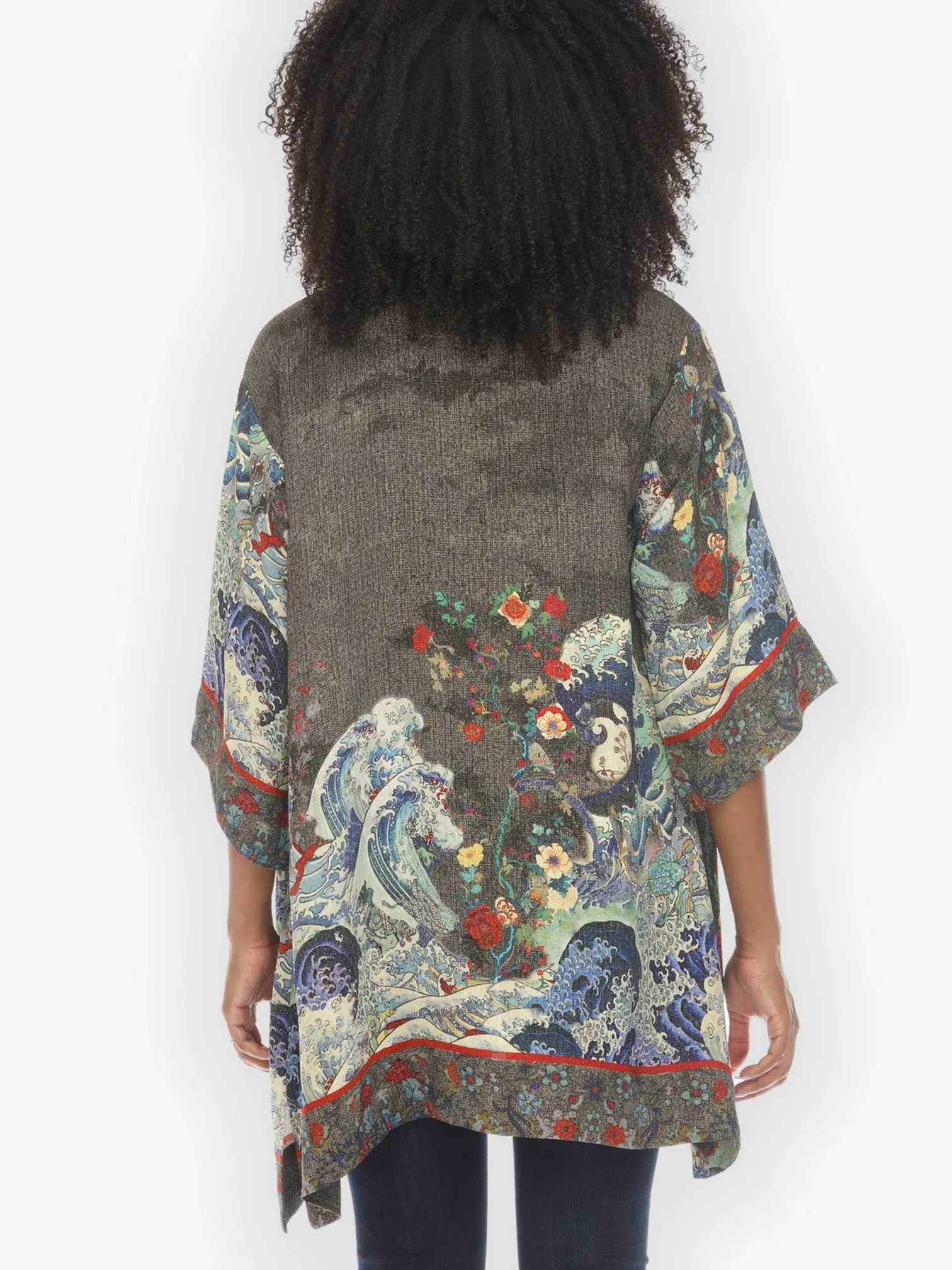 Waves Art in Dark Gray Silk Kimono Jacket