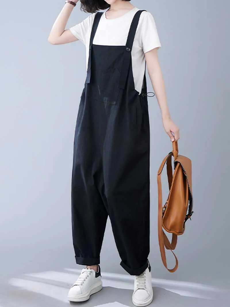 Western-style Plain Cotton Sleeveless Overalls Dungaree