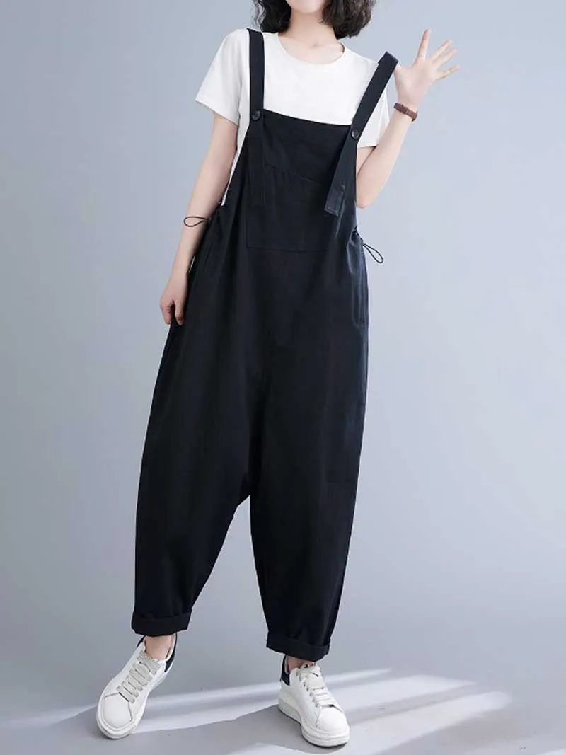 Western-style Plain Cotton Sleeveless Overalls Dungaree