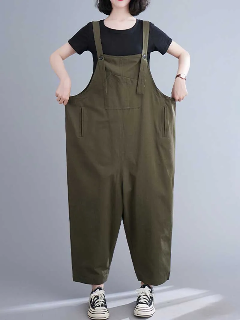 Western-style Plain Cotton Sleeveless Overalls Dungaree