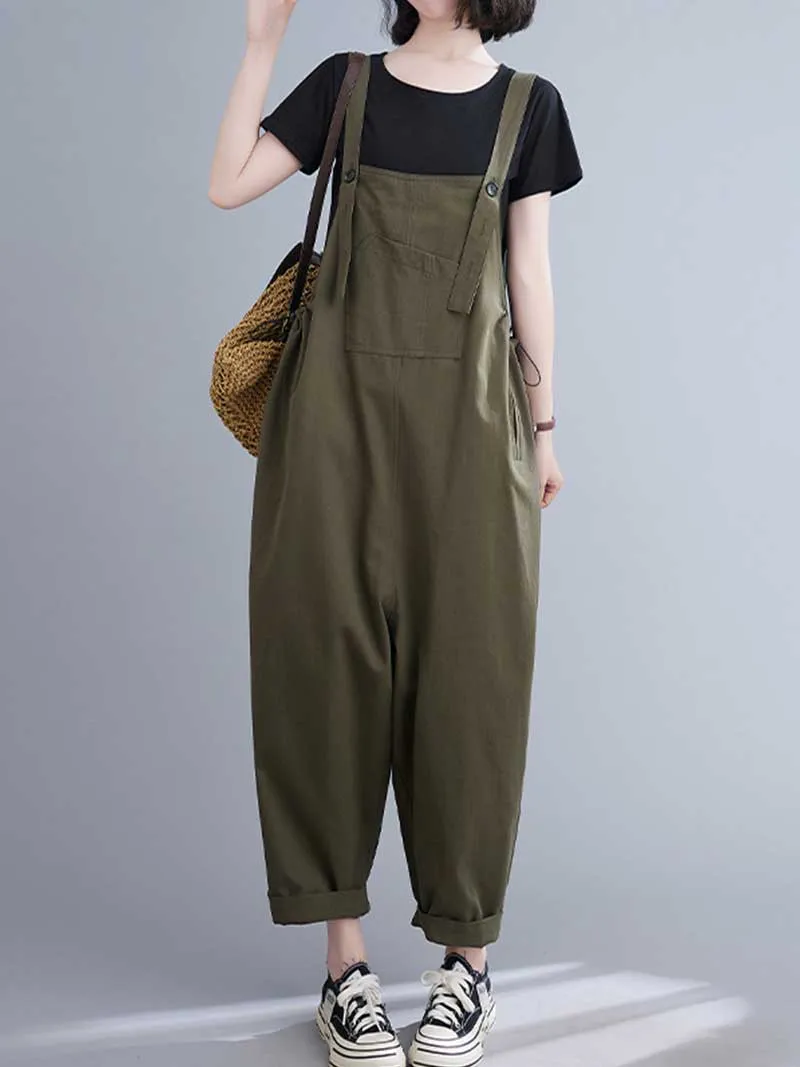 Western-style Plain Cotton Sleeveless Overalls Dungaree