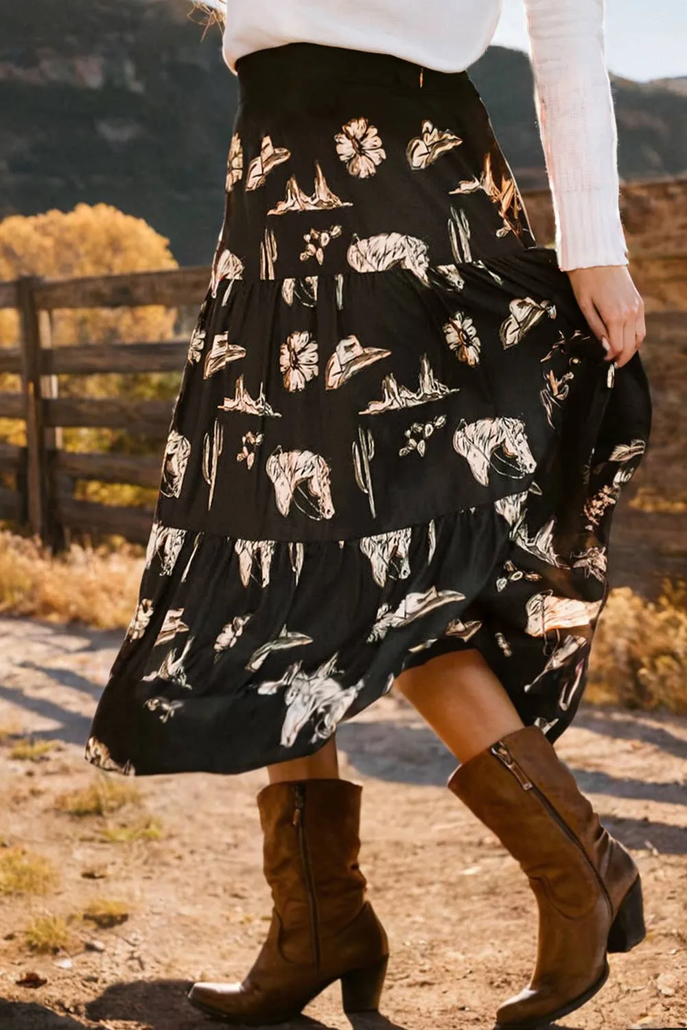 Western Tiered Ruffled High Waist Maxi Skirt