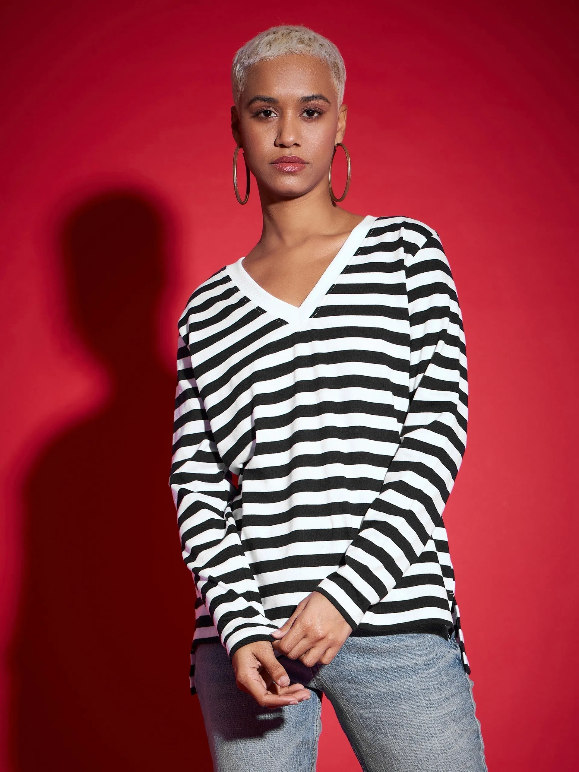 Women Black & White Striped Sweater