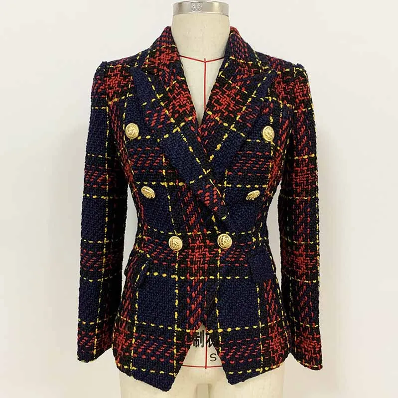 Women Lion Button Double Breasted Plaid Tweed Slim Fitting Blazer Coat