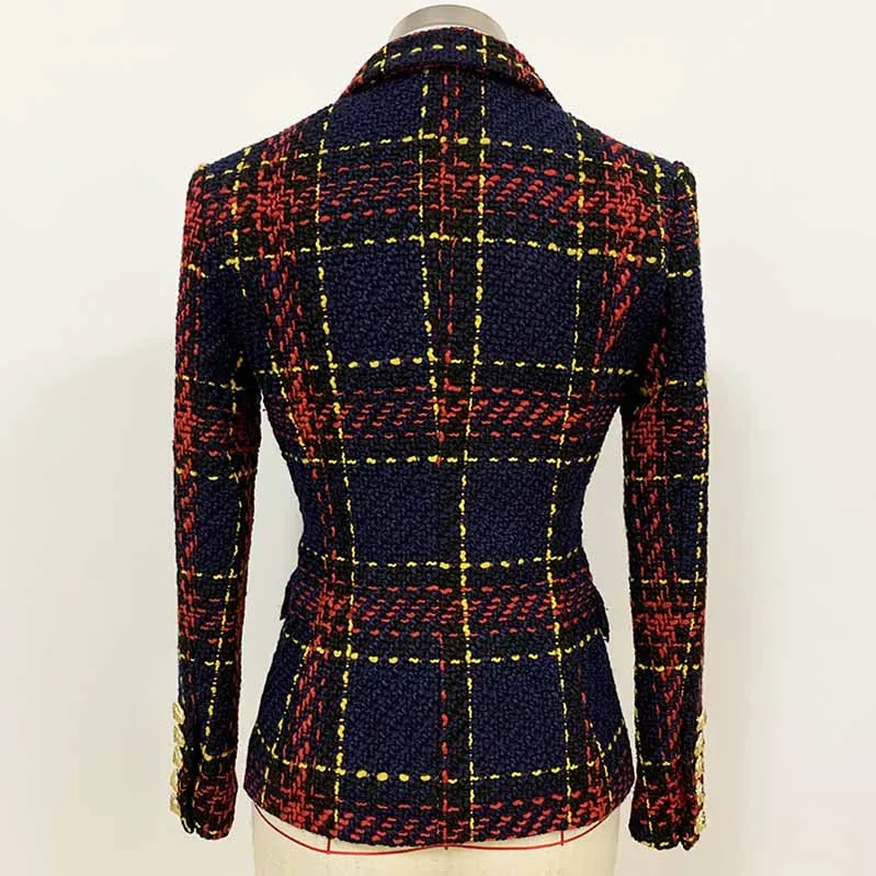 Women Lion Button Double Breasted Plaid Tweed Slim Fitting Blazer Coat