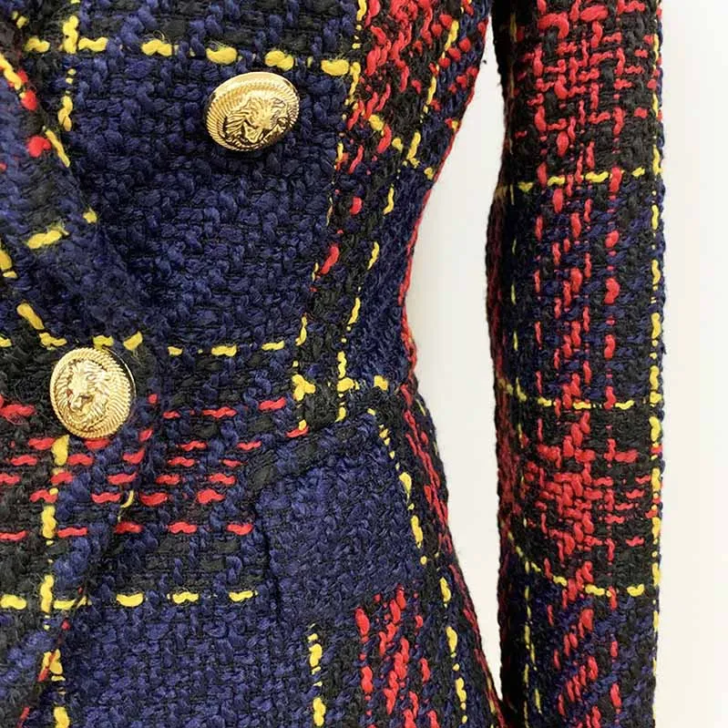 Women Lion Button Double Breasted Plaid Tweed Slim Fitting Blazer Coat