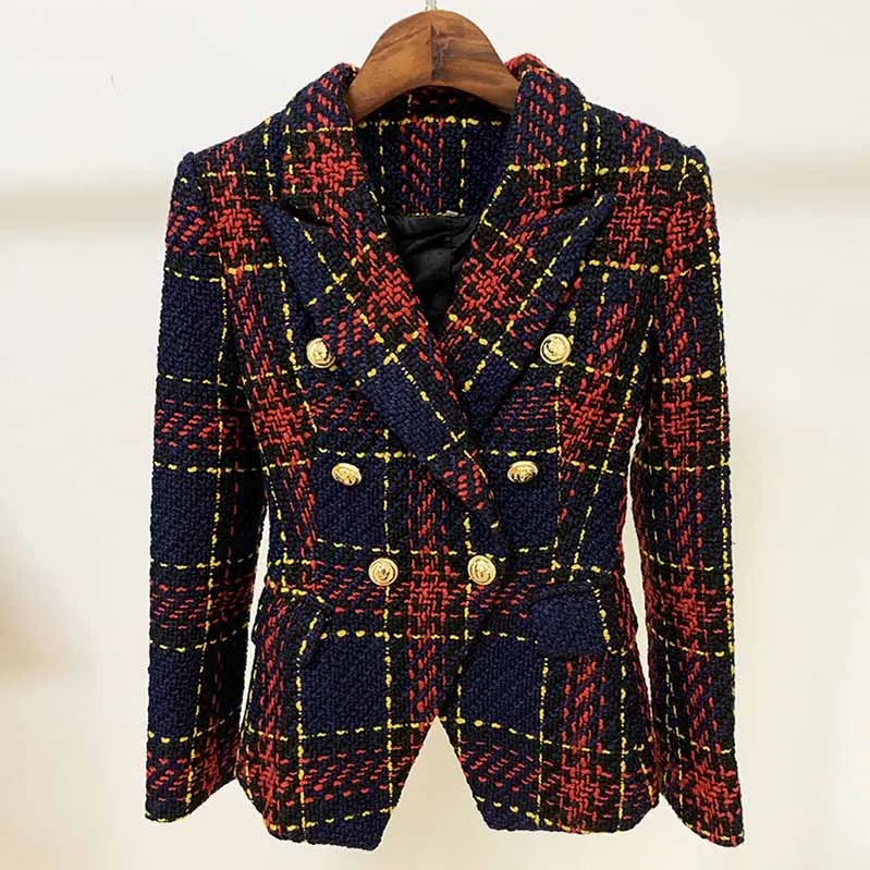 Women Lion Button Double Breasted Plaid Tweed Slim Fitting Blazer Coat