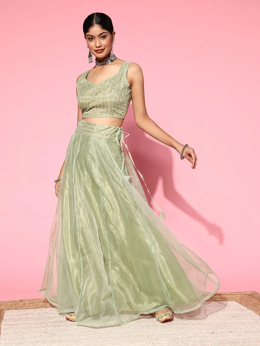 Women Olive Embroidered Crop Top With Anarkali Skirt