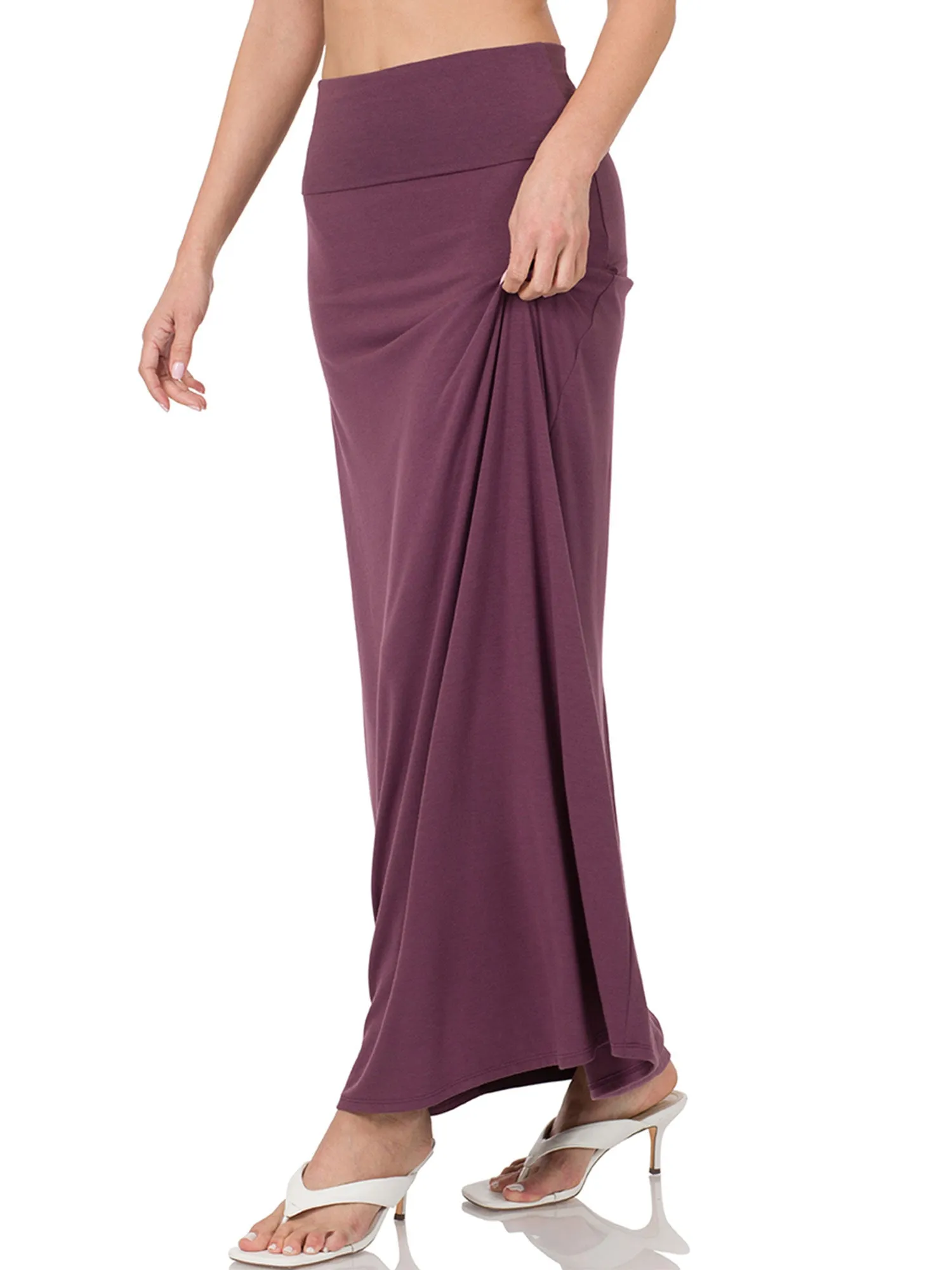 Womens Classic Maxi Skirt with Foldable Wide Waistband (S-3X)