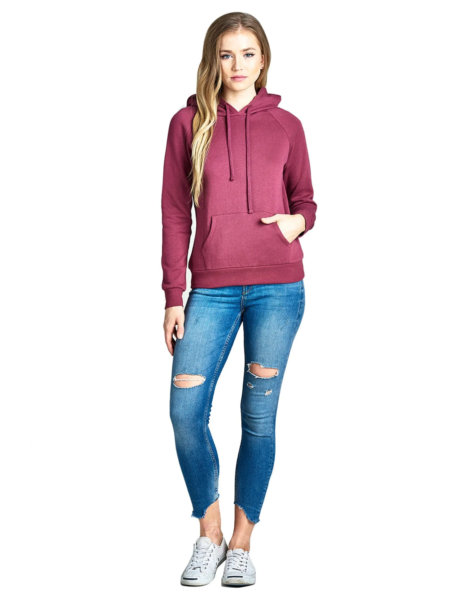 Womens Long Sleeve Brushed French Terry Pullover Hoodie with Kangaroo Pocket