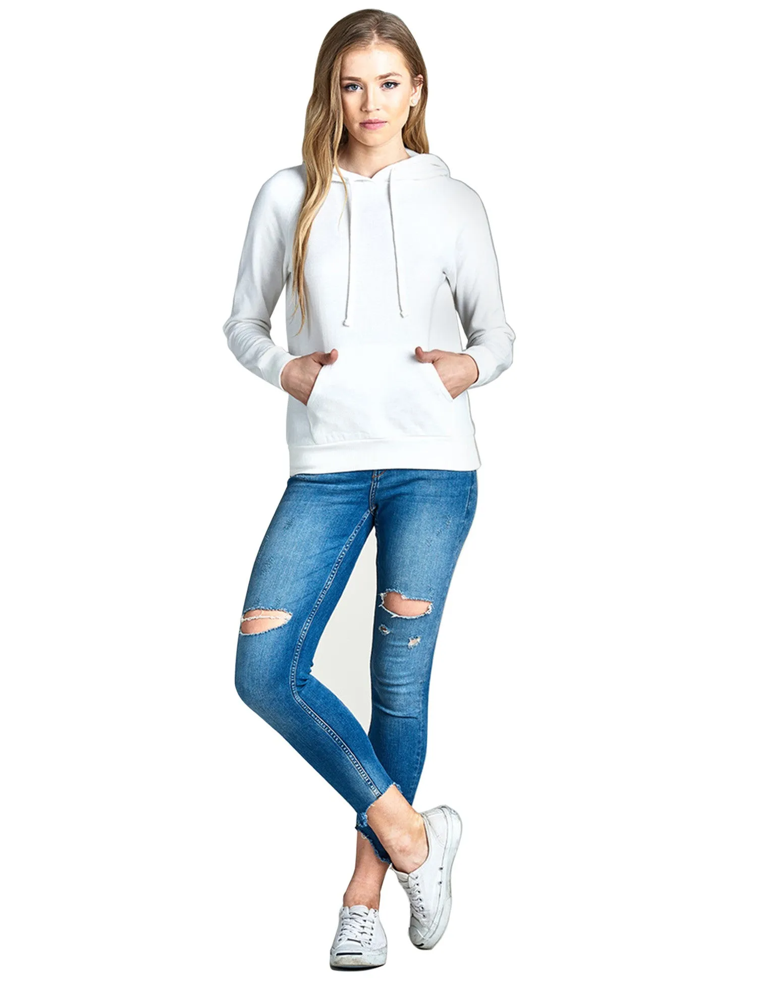 Womens Long Sleeve Brushed French Terry Pullover Hoodie with Kangaroo Pocket