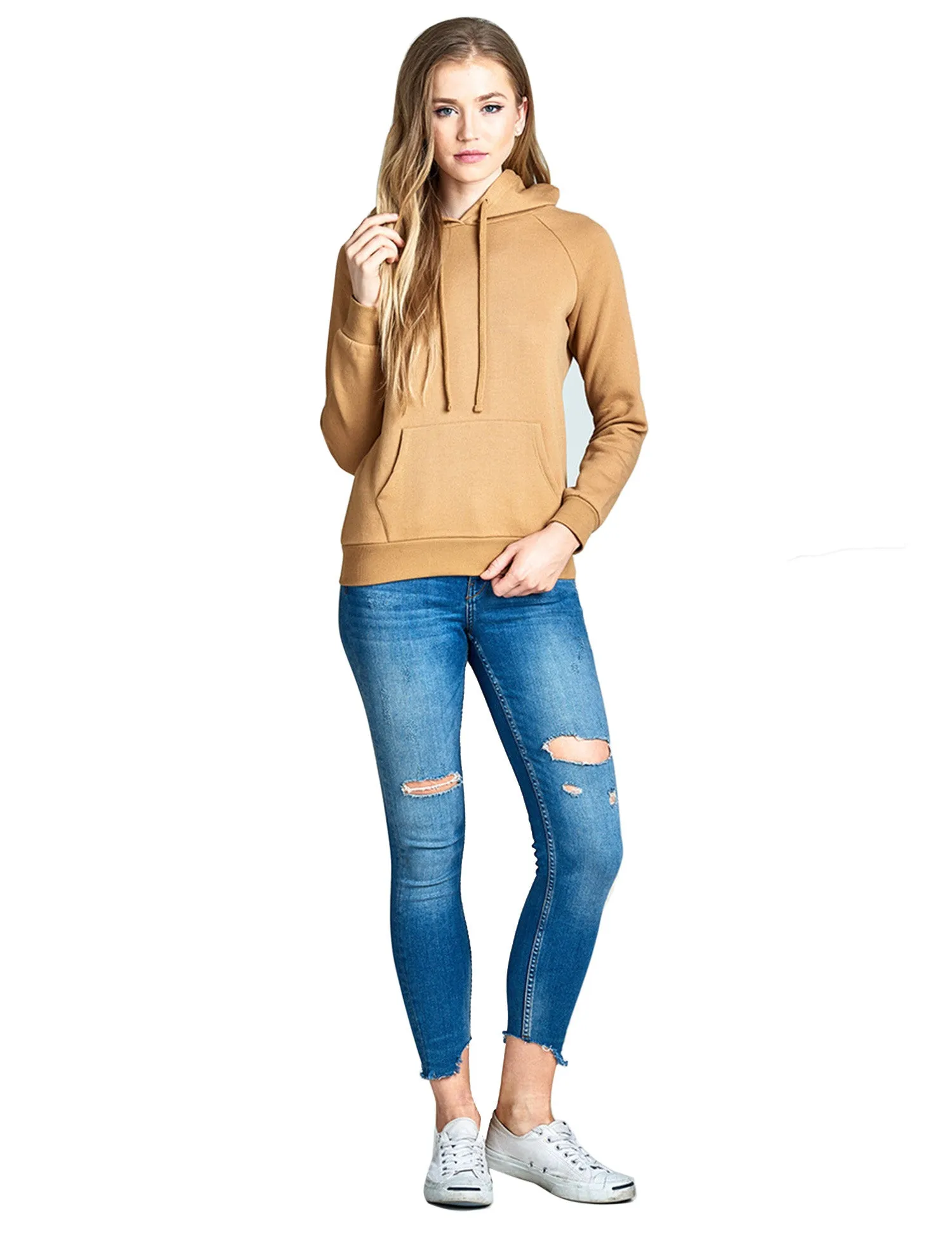 Womens Long Sleeve Brushed French Terry Pullover Hoodie with Kangaroo Pocket