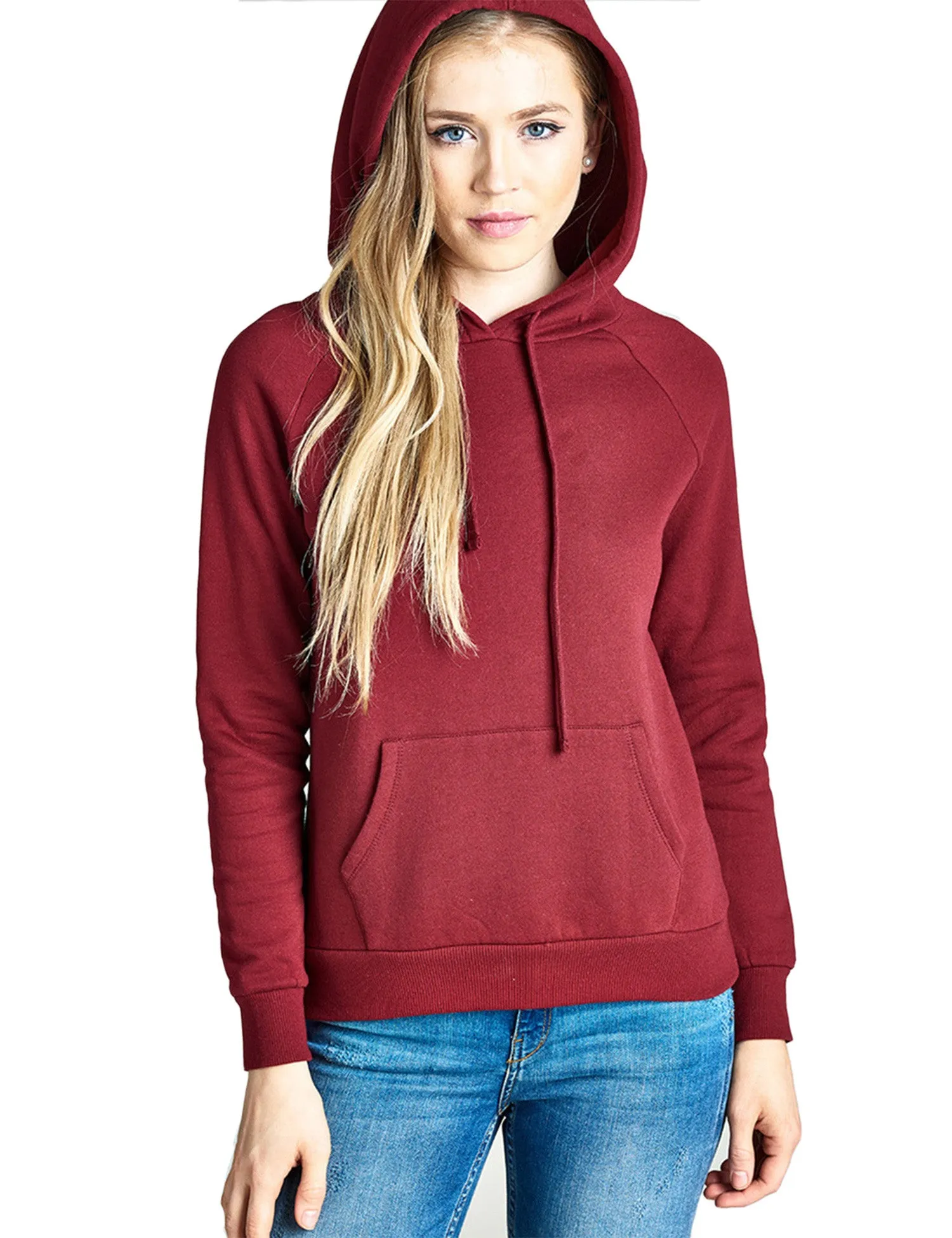 Womens Long Sleeve Brushed French Terry Pullover Hoodie with Kangaroo Pocket