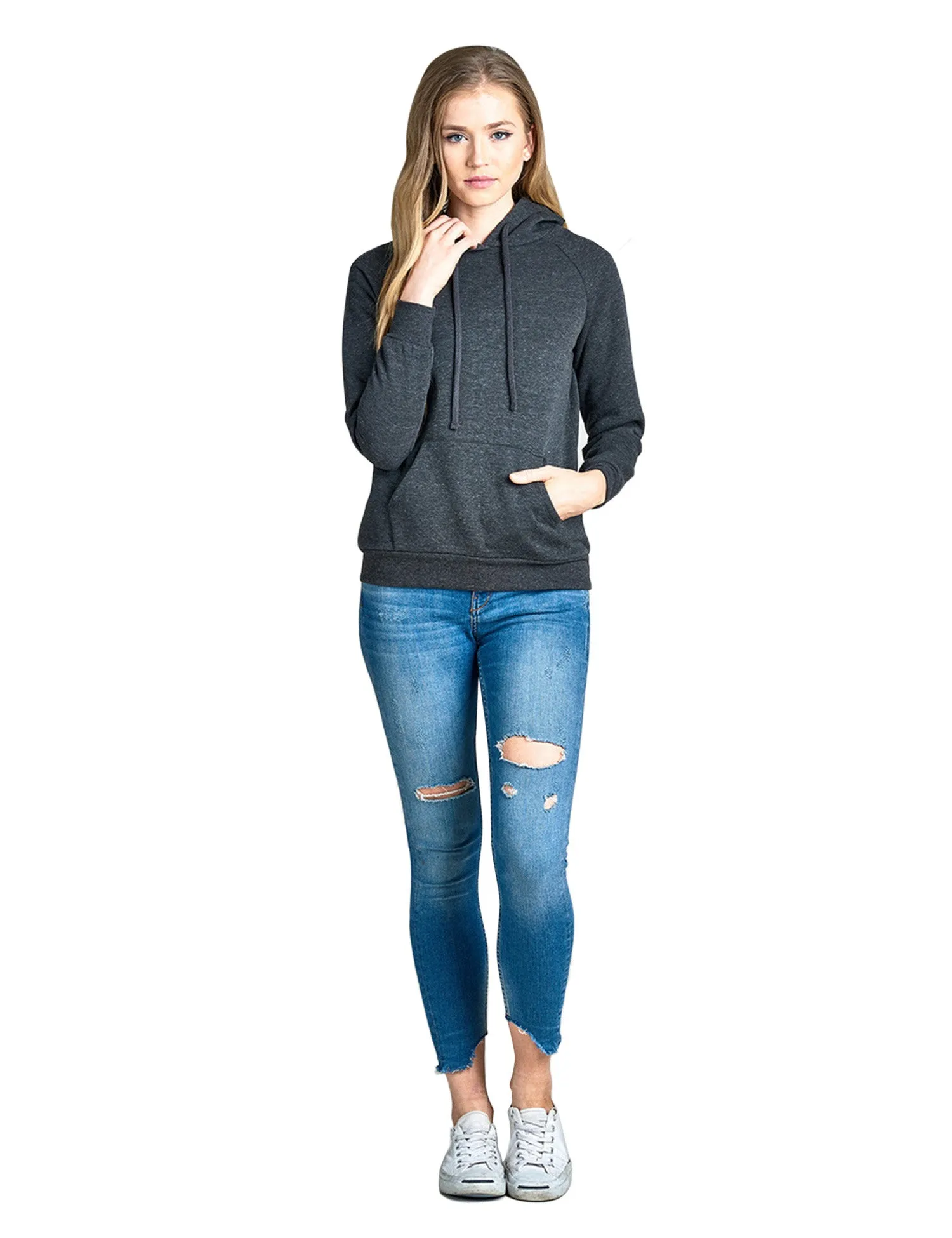 Womens Long Sleeve Brushed French Terry Pullover Hoodie with Kangaroo Pocket