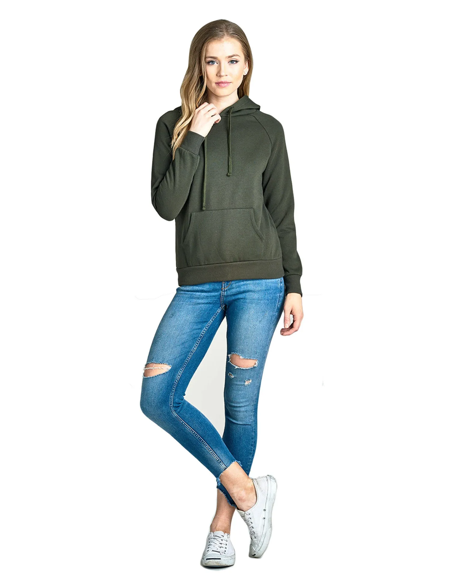 Womens Long Sleeve Brushed French Terry Pullover Hoodie with Kangaroo Pocket