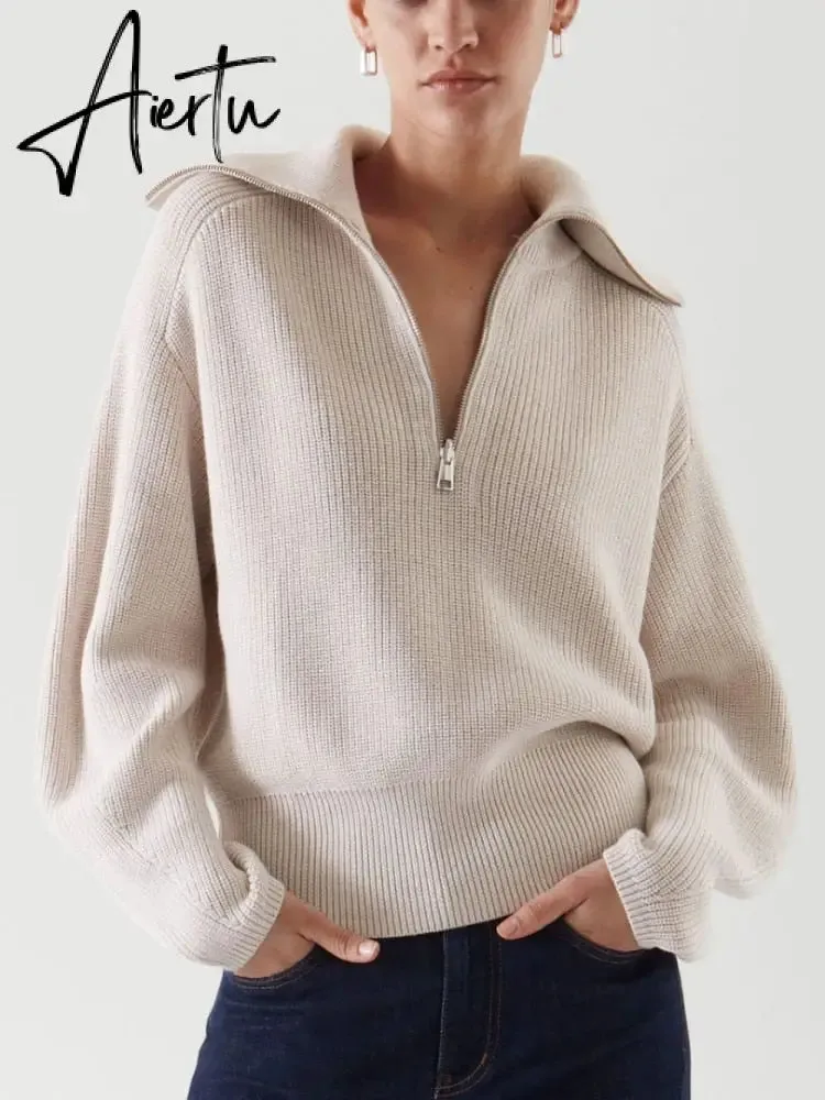 Women's Turtleneck Zippers Fashion Women Sweaters Solid Green Blue Pullover Long Sleeve Casual Knitted Sweater Woman Winter