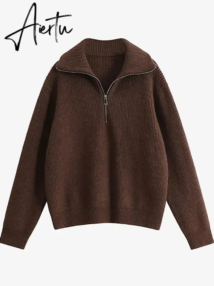 Women's Turtleneck Zippers Fashion Women Sweaters Solid Green Blue Pullover Long Sleeve Casual Knitted Sweater Woman Winter