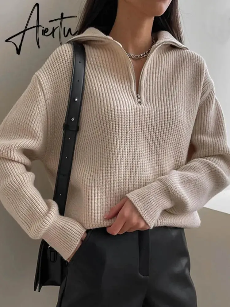 Women's Turtleneck Zippers Fashion Women Sweaters Solid Green Blue Pullover Long Sleeve Casual Knitted Sweater Woman Winter