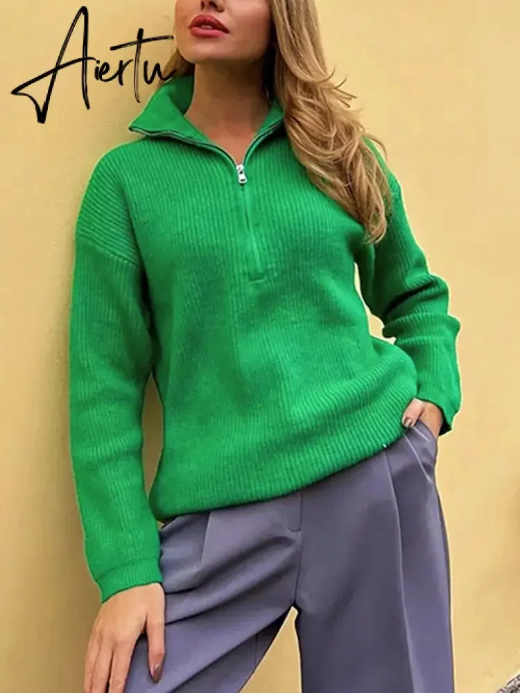 Women's Turtleneck Zippers Fashion Women Sweaters Solid Green Blue Pullover Long Sleeve Casual Knitted Sweater Woman Winter