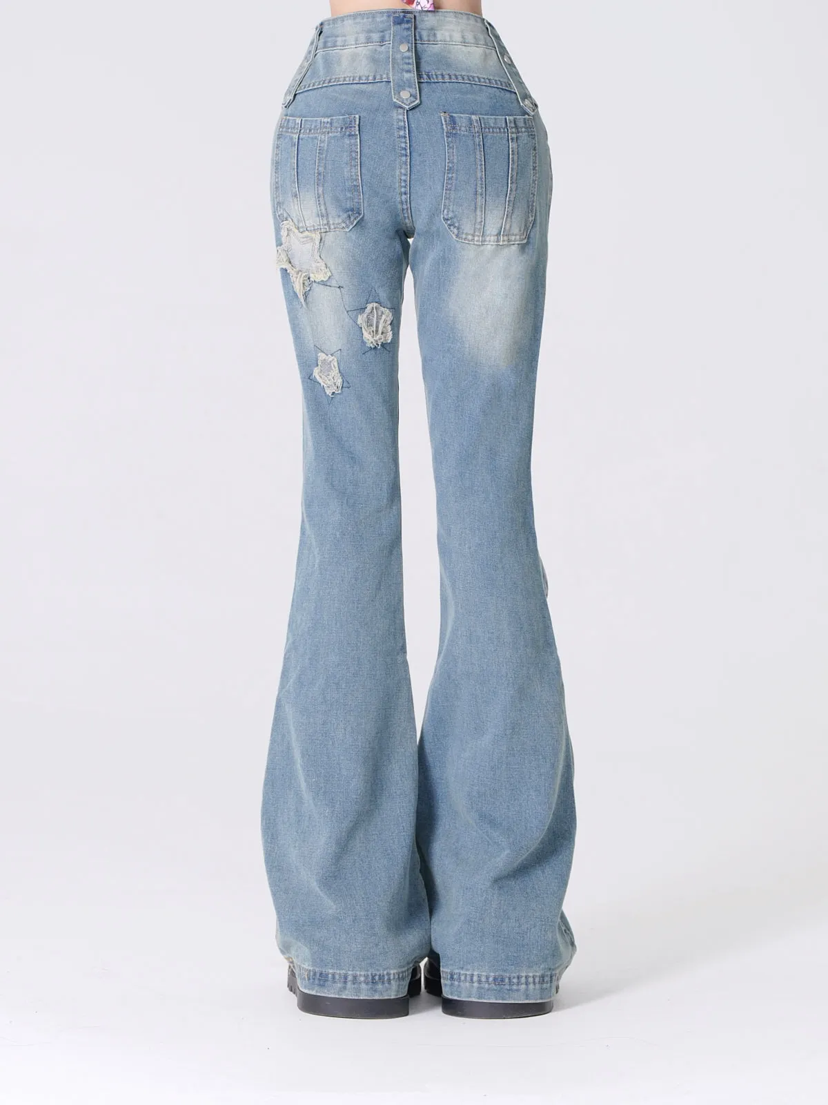 Young Eyes Full Stars Black Blue Denim Flared Jeans Pants