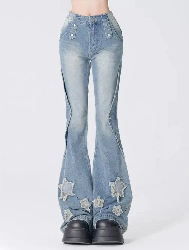 Young Eyes Full Stars Black Blue Denim Flared Jeans Pants